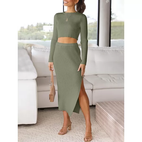 imageANRABESS Womens 2 Piece Outfits Dress Long Sleeve Crop Sweater Top amp Ribbed Midi Bodycon Skirt SetGrass