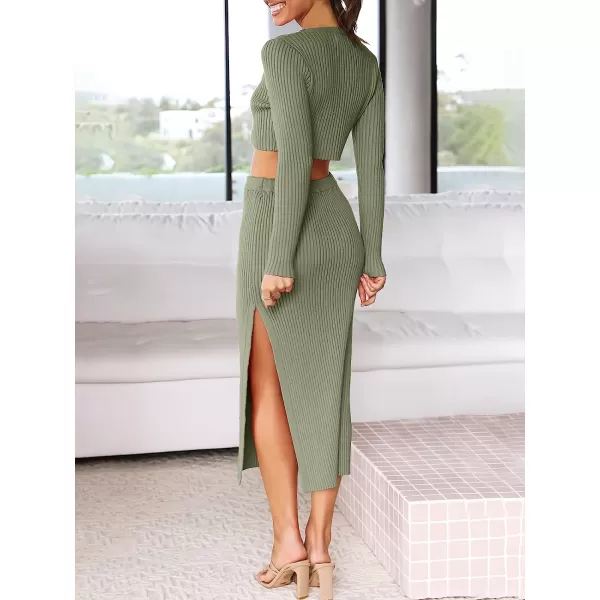 imageANRABESS Womens 2 Piece Outfits Dress Long Sleeve Crop Sweater Top amp Ribbed Midi Bodycon Skirt SetGrass