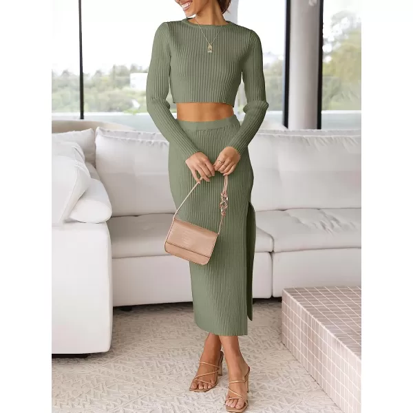 imageANRABESS Womens 2 Piece Outfits Dress Long Sleeve Crop Sweater Top amp Ribbed Midi Bodycon Skirt SetGrass