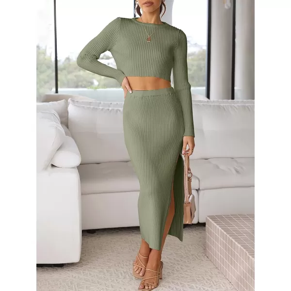 imageANRABESS Womens 2 Piece Outfits Dress Long Sleeve Crop Sweater Top amp Ribbed Midi Bodycon Skirt SetGrass