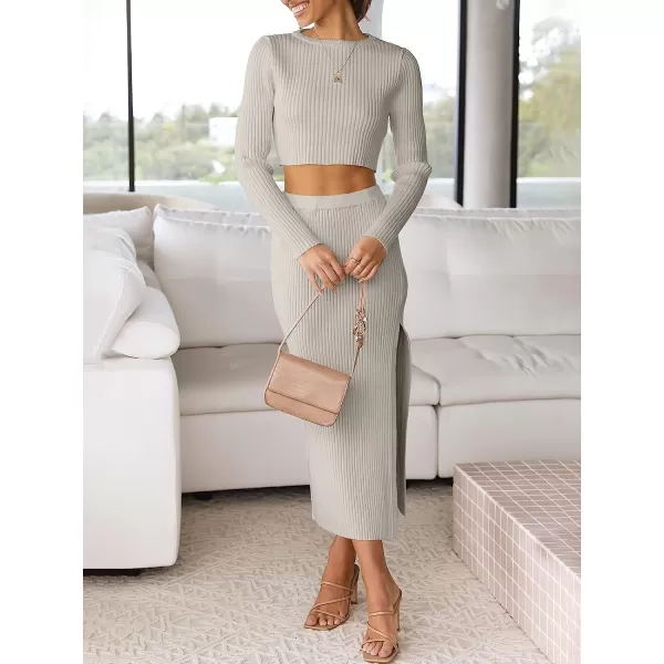 imageANRABESS Womens 2 Piece Outfits Dress Long Sleeve Crop Sweater Top amp Ribbed Midi Bodycon Skirt SetGray