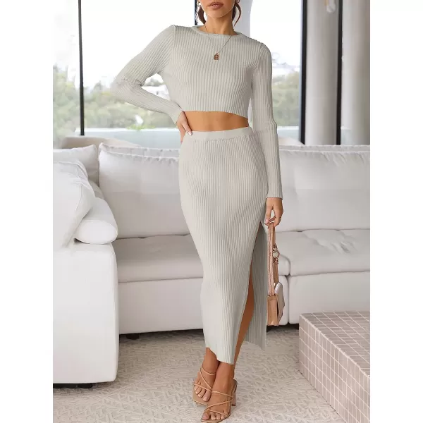 imageANRABESS Womens 2 Piece Outfits Dress Long Sleeve Crop Sweater Top amp Ribbed Midi Bodycon Skirt SetGray