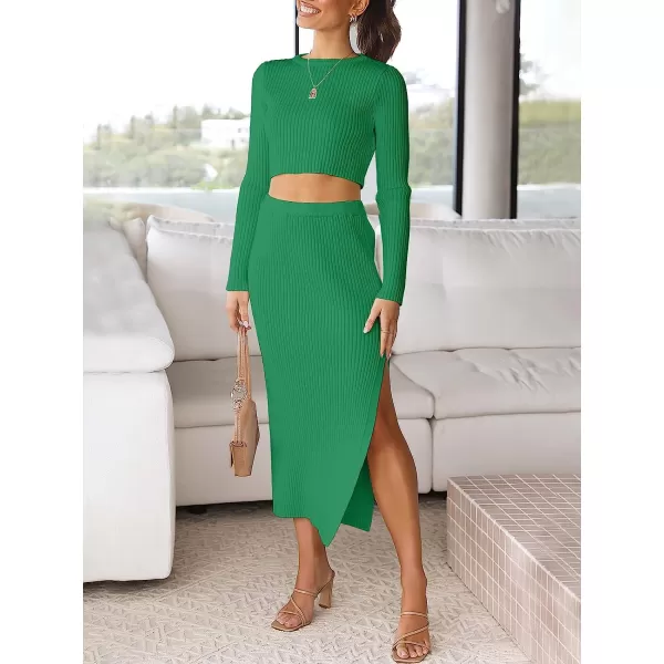 imageANRABESS Womens 2 Piece Outfits Dress Long Sleeve Crop Sweater Top amp Ribbed Midi Bodycon Skirt SetGreen
