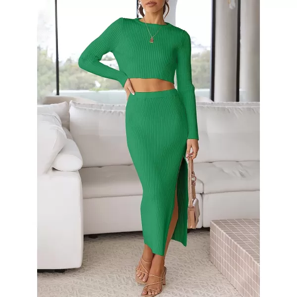 imageANRABESS Womens 2 Piece Outfits Dress Long Sleeve Crop Sweater Top amp Ribbed Midi Bodycon Skirt SetGreen