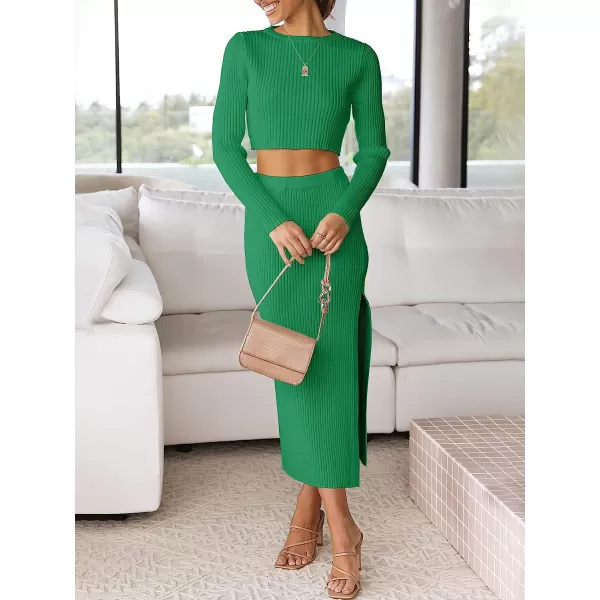 imageANRABESS Womens 2 Piece Outfits Dress Long Sleeve Crop Sweater Top amp Ribbed Midi Bodycon Skirt SetGreen