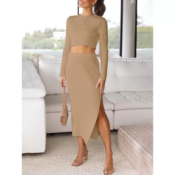 imageANRABESS Womens 2 Piece Outfits Dress Long Sleeve Crop Sweater Top amp Ribbed Midi Bodycon Skirt SetKhaki
