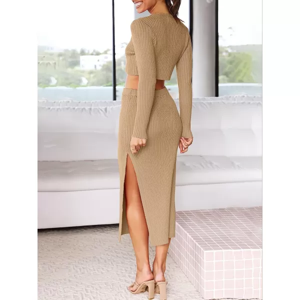imageANRABESS Womens 2 Piece Outfits Dress Long Sleeve Crop Sweater Top amp Ribbed Midi Bodycon Skirt SetKhaki