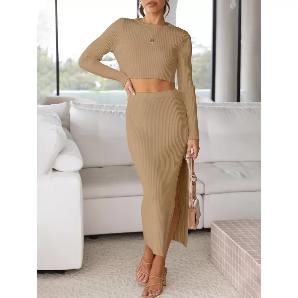 imageANRABESS Womens 2 Piece Outfits Dress Long Sleeve Crop Sweater Top amp Ribbed Midi Bodycon Skirt SetKhaki