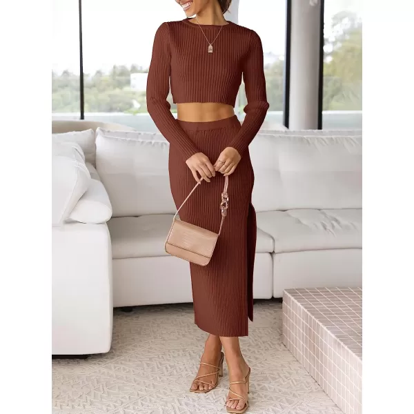 imageANRABESS Womens 2 Piece Outfits Dress Long Sleeve Crop Sweater Top amp Ribbed Midi Bodycon Skirt SetRust