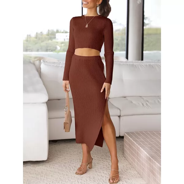 imageANRABESS Womens 2 Piece Outfits Dress Long Sleeve Crop Sweater Top amp Ribbed Midi Bodycon Skirt SetRust