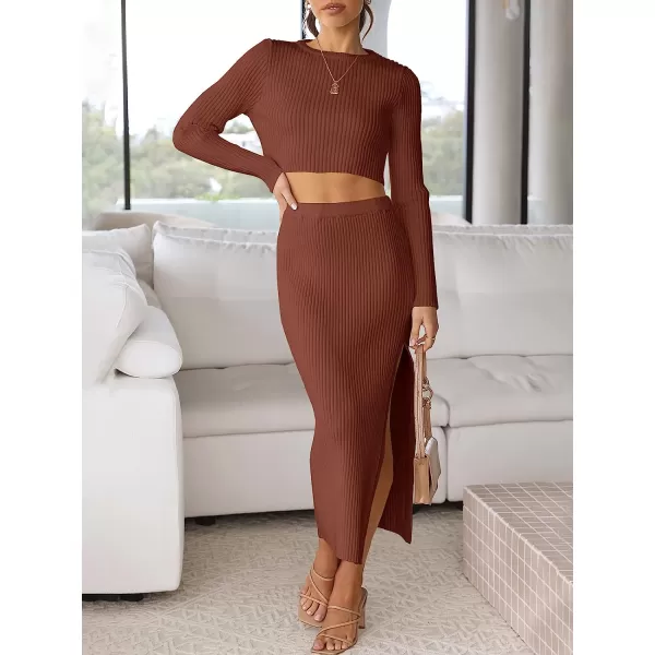 imageANRABESS Womens 2 Piece Outfits Dress Long Sleeve Crop Sweater Top amp Ribbed Midi Bodycon Skirt SetRust