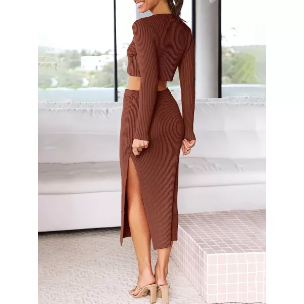 imageANRABESS Womens 2 Piece Outfits Dress Long Sleeve Crop Sweater Top amp Ribbed Midi Bodycon Skirt SetRust