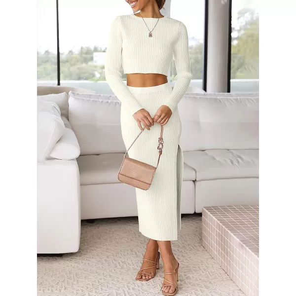 imageANRABESS Womens 2 Piece Outfits Dress Long Sleeve Crop Sweater Top amp Ribbed Midi Bodycon Skirt SetWhite