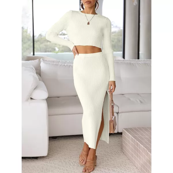 imageANRABESS Womens 2 Piece Outfits Dress Long Sleeve Crop Sweater Top amp Ribbed Midi Bodycon Skirt SetWhite