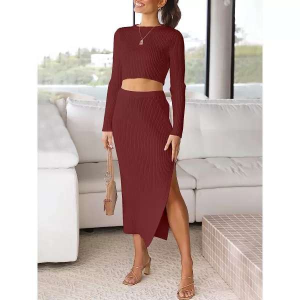 imageANRABESS Womens 2 Piece Outfits Dress Long Sleeve Crop Sweater Top amp Ribbed Midi Bodycon Skirt SetWine Red