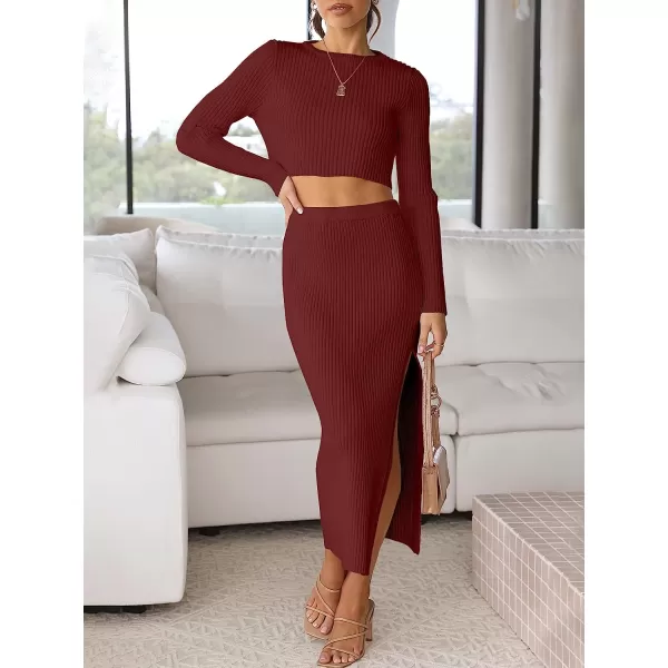 imageANRABESS Womens 2 Piece Outfits Dress Long Sleeve Crop Sweater Top amp Ribbed Midi Bodycon Skirt SetWine Red