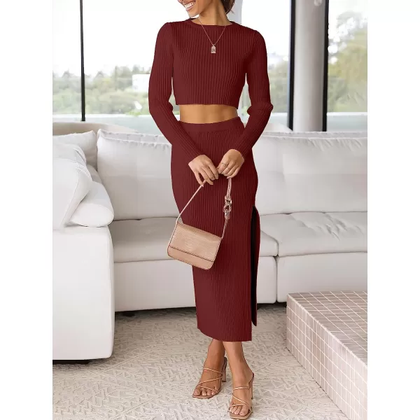 imageANRABESS Womens 2 Piece Outfits Dress Long Sleeve Crop Sweater Top amp Ribbed Midi Bodycon Skirt SetWine Red
