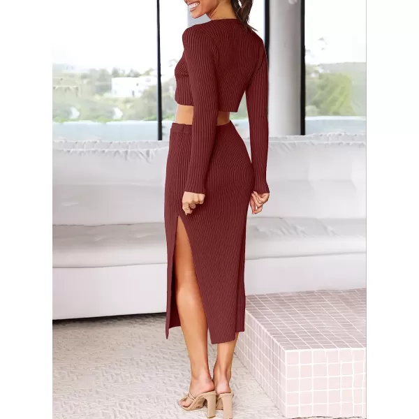 imageANRABESS Womens 2 Piece Outfits Dress Long Sleeve Crop Sweater Top amp Ribbed Midi Bodycon Skirt SetWine Red