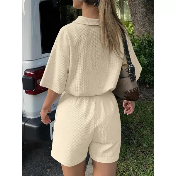 imageANRABESS Womens 2 Piece Outfits Half Zip Lapel Collar Short Sleeve Drawstring Crop Tops Short Pants Lounge Sets SweatsuitBeige