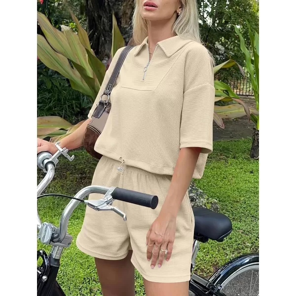 imageANRABESS Womens 2 Piece Outfits Half Zip Lapel Collar Short Sleeve Drawstring Crop Tops Short Pants Lounge Sets SweatsuitBeige