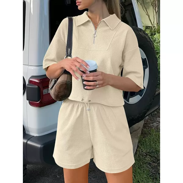imageANRABESS Womens 2 Piece Outfits Half Zip Lapel Collar Short Sleeve Drawstring Crop Tops Short Pants Lounge Sets SweatsuitBeige
