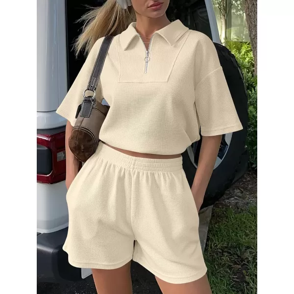 imageANRABESS Womens 2 Piece Outfits Half Zip Lapel Collar Short Sleeve Drawstring Crop Tops Short Pants Lounge Sets SweatsuitBeige