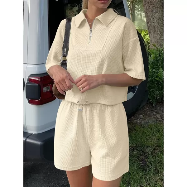 imageANRABESS Womens 2 Piece Outfits Half Zip Lapel Collar Short Sleeve Drawstring Crop Tops Short Pants Lounge Sets SweatsuitBeige