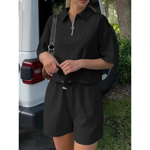 imageANRABESS Womens 2 Piece Outfits Half Zip Lapel Collar Short Sleeve Drawstring Crop Tops Short Pants Lounge Sets SweatsuitBlack