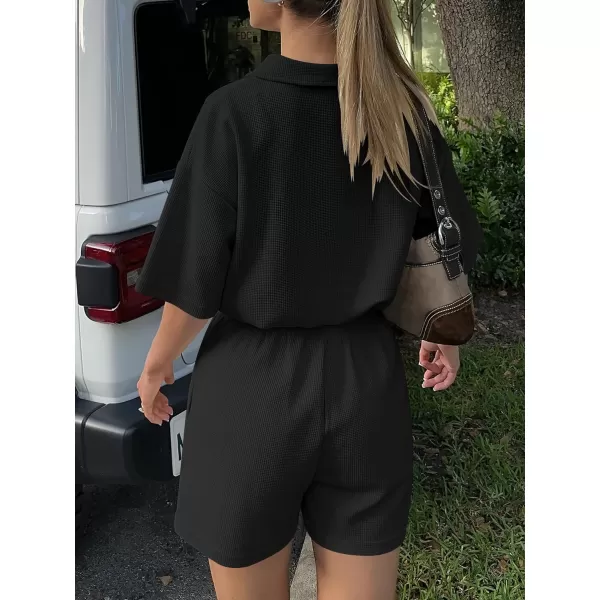 imageANRABESS Womens 2 Piece Outfits Half Zip Lapel Collar Short Sleeve Drawstring Crop Tops Short Pants Lounge Sets SweatsuitBlack