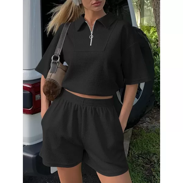 imageANRABESS Womens 2 Piece Outfits Half Zip Lapel Collar Short Sleeve Drawstring Crop Tops Short Pants Lounge Sets SweatsuitBlack