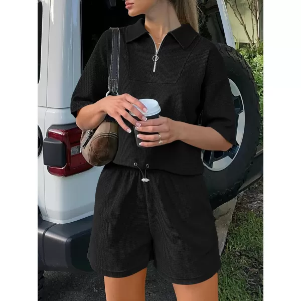 imageANRABESS Womens 2 Piece Outfits Half Zip Lapel Collar Short Sleeve Drawstring Crop Tops Short Pants Lounge Sets SweatsuitBlack