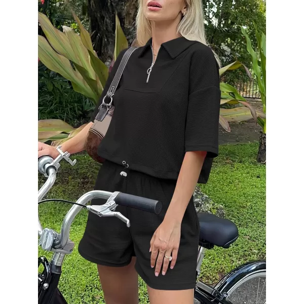 imageANRABESS Womens 2 Piece Outfits Half Zip Lapel Collar Short Sleeve Drawstring Crop Tops Short Pants Lounge Sets SweatsuitBlack
