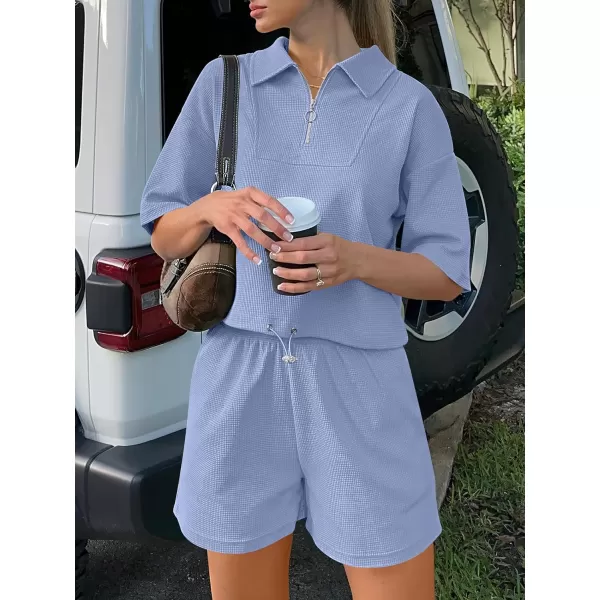 imageANRABESS Womens 2 Piece Outfits Half Zip Lapel Collar Short Sleeve Drawstring Crop Tops Short Pants Lounge Sets SweatsuitBlue