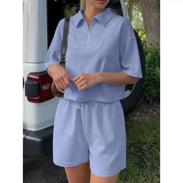 imageANRABESS Womens 2 Piece Outfits Half Zip Lapel Collar Short Sleeve Drawstring Crop Tops Short Pants Lounge Sets SweatsuitBlue