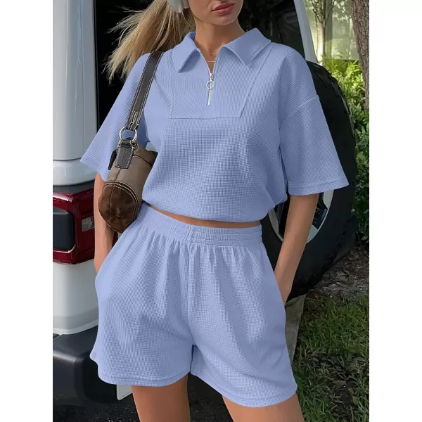 imageANRABESS Womens 2 Piece Outfits Half Zip Lapel Collar Short Sleeve Drawstring Crop Tops Short Pants Lounge Sets SweatsuitBlue