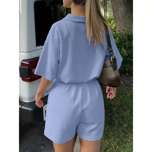 imageANRABESS Womens 2 Piece Outfits Half Zip Lapel Collar Short Sleeve Drawstring Crop Tops Short Pants Lounge Sets SweatsuitBlue