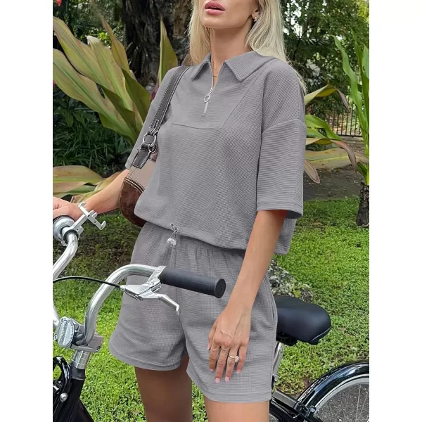 imageANRABESS Womens 2 Piece Outfits Half Zip Lapel Collar Short Sleeve Drawstring Crop Tops Short Pants Lounge Sets SweatsuitGrey