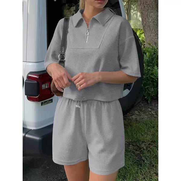 imageANRABESS Womens 2 Piece Outfits Half Zip Lapel Collar Short Sleeve Drawstring Crop Tops Short Pants Lounge Sets SweatsuitGrey