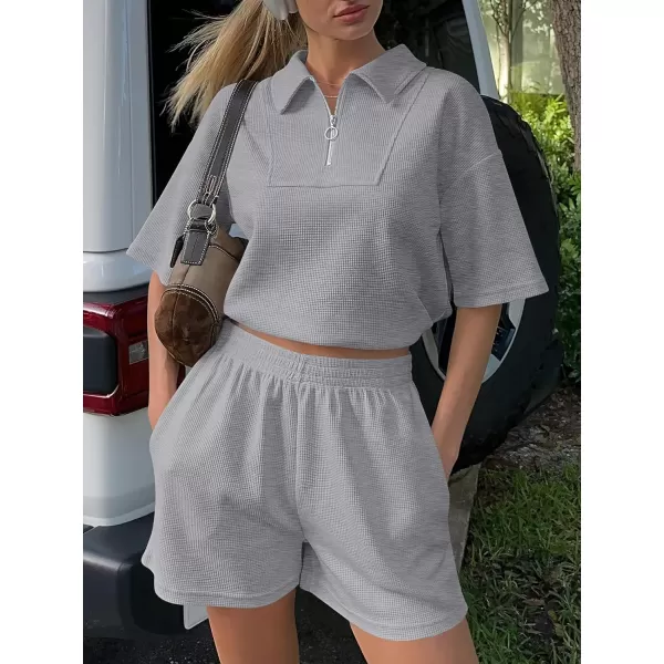 imageANRABESS Womens 2 Piece Outfits Half Zip Lapel Collar Short Sleeve Drawstring Crop Tops Short Pants Lounge Sets SweatsuitGrey