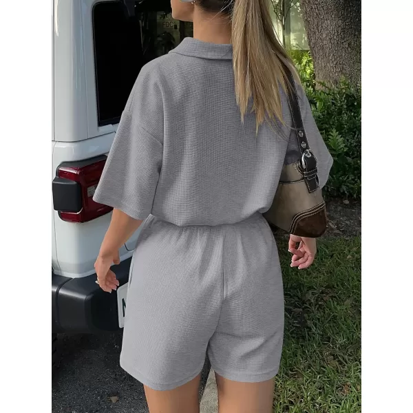 imageANRABESS Womens 2 Piece Outfits Half Zip Lapel Collar Short Sleeve Drawstring Crop Tops Short Pants Lounge Sets SweatsuitGrey