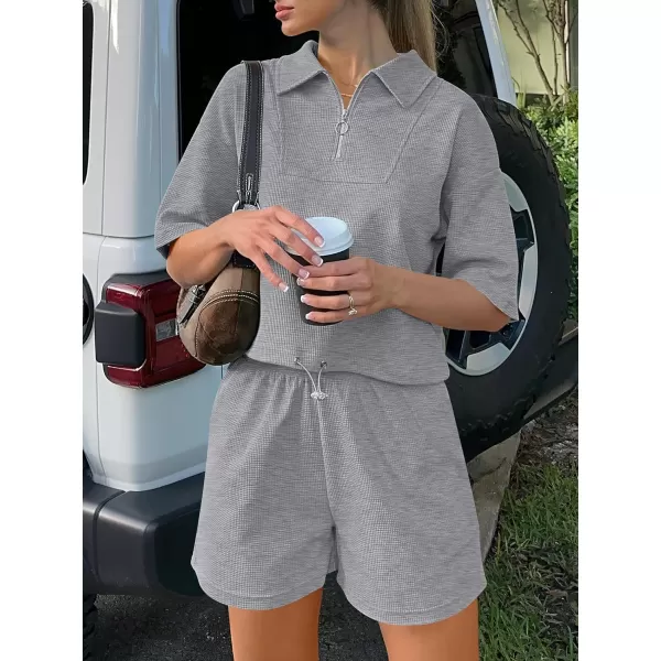 imageANRABESS Womens 2 Piece Outfits Half Zip Lapel Collar Short Sleeve Drawstring Crop Tops Short Pants Lounge Sets SweatsuitGrey