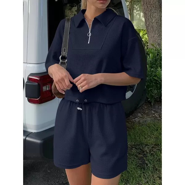 imageANRABESS Womens 2 Piece Outfits Half Zip Lapel Collar Short Sleeve Drawstring Crop Tops Short Pants Lounge Sets SweatsuitNavy Blue