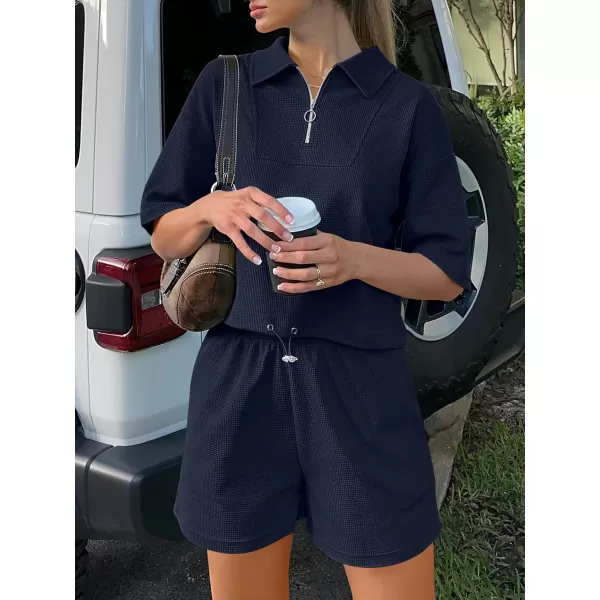 imageANRABESS Womens 2 Piece Outfits Half Zip Lapel Collar Short Sleeve Drawstring Crop Tops Short Pants Lounge Sets SweatsuitNavy Blue