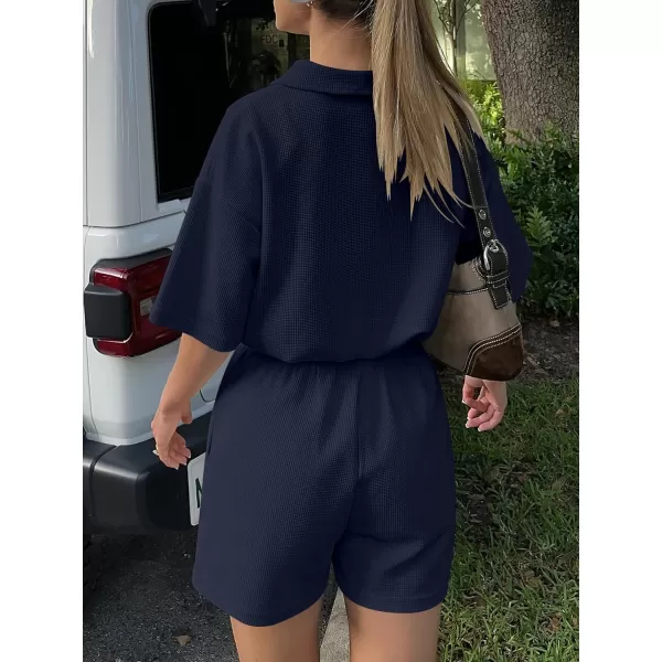 imageANRABESS Womens 2 Piece Outfits Half Zip Lapel Collar Short Sleeve Drawstring Crop Tops Short Pants Lounge Sets SweatsuitNavy Blue