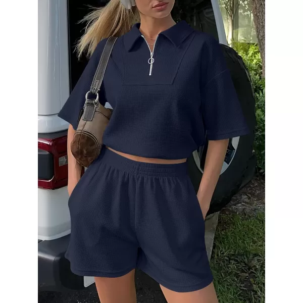 imageANRABESS Womens 2 Piece Outfits Half Zip Lapel Collar Short Sleeve Drawstring Crop Tops Short Pants Lounge Sets SweatsuitNavy Blue