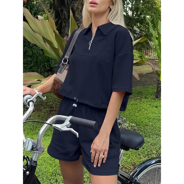 imageANRABESS Womens 2 Piece Outfits Half Zip Lapel Collar Short Sleeve Drawstring Crop Tops Short Pants Lounge Sets SweatsuitNavy Blue