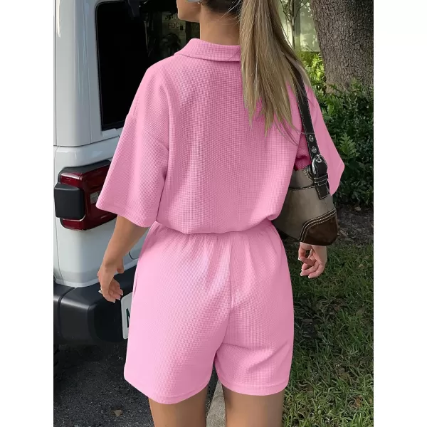 imageANRABESS Womens 2 Piece Outfits Half Zip Lapel Collar Short Sleeve Drawstring Crop Tops Short Pants Lounge Sets SweatsuitPink