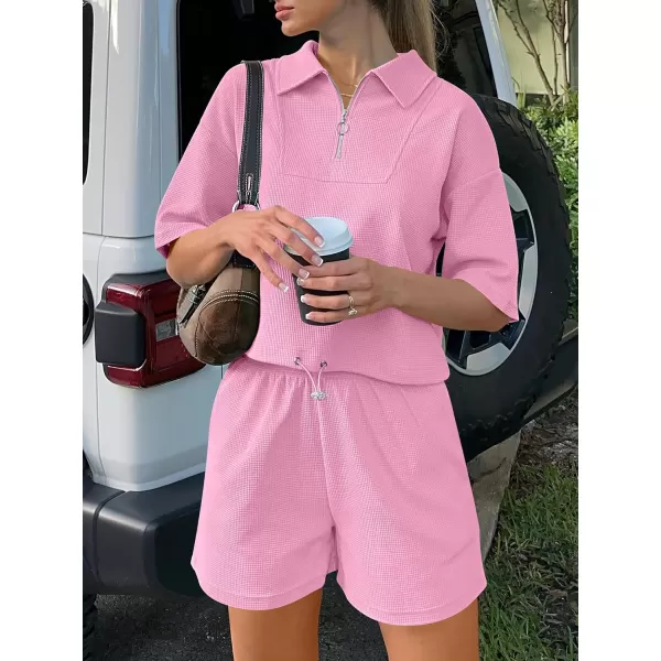 imageANRABESS Womens 2 Piece Outfits Half Zip Lapel Collar Short Sleeve Drawstring Crop Tops Short Pants Lounge Sets SweatsuitPink