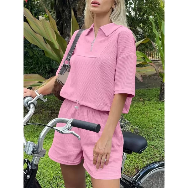 imageANRABESS Womens 2 Piece Outfits Half Zip Lapel Collar Short Sleeve Drawstring Crop Tops Short Pants Lounge Sets SweatsuitPink