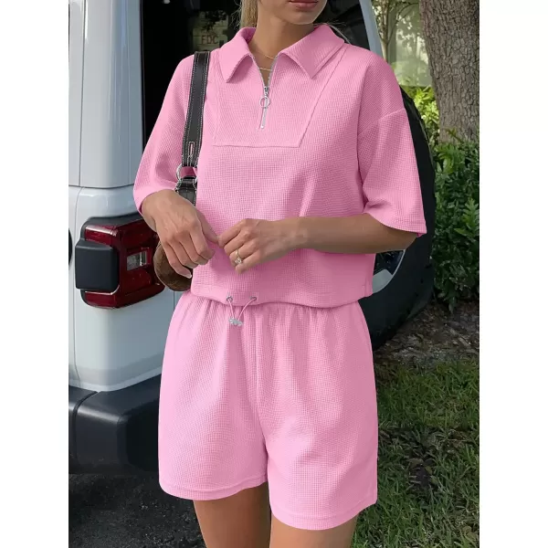 imageANRABESS Womens 2 Piece Outfits Half Zip Lapel Collar Short Sleeve Drawstring Crop Tops Short Pants Lounge Sets SweatsuitPink